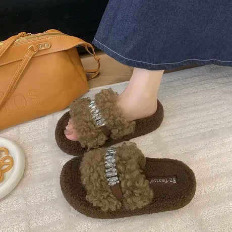 法式水钻拖鞋女2025秋季新款懒人时尚百搭毛毛鞋外穿厚底保暖鞋子商品大图