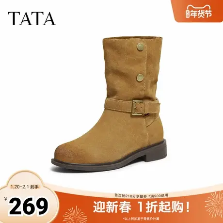 TATA他她靴子2025冬季新款加绒时装靴女西部靴复古堆堆靴CKL02DS5图片