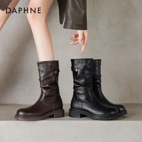 达芙妮中筒高筒靴骑士短靴2026新款女款秋冬季加绒皮靴女靴子棕色图片