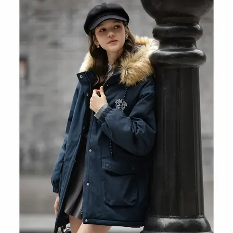 唐狮冬季女连帽中长款棉服卡其潮流时尚气质风衣学院风休闲TM商品大图