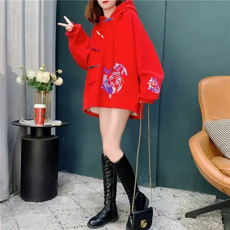 新年红色连帽卫衣女加绒加厚2021年新款秋冬宽松中长款设计感外套图片