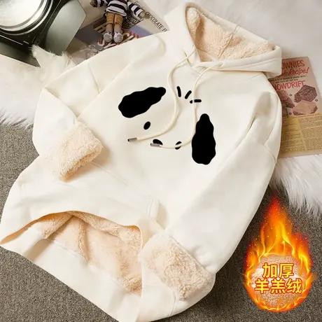 2023年新款加绒加厚羊羔绒连帽卫衣女韩系学院风学生外穿带帽上衣图片