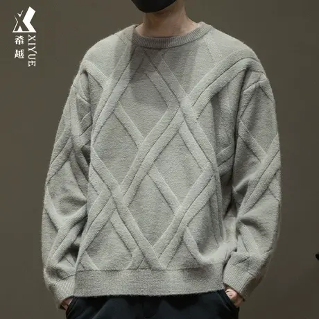 希越北极绒重磅拼接7针圆领毛衣男士秋冬季宽松大码日系内搭打底商品大图