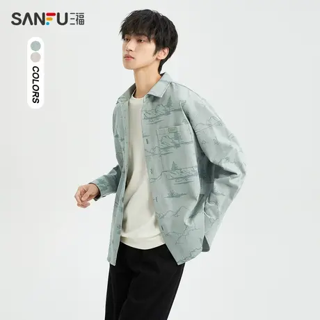三福2023冬男士户外满版印花长衬衫 宽松翻领纯棉上衣男477059商品大图