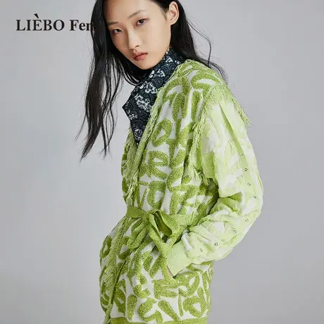 裂帛LIEBOFeng原创设计2023年秋冬鼠尾草绿色毛巾绣宽松针织马甲商品大图