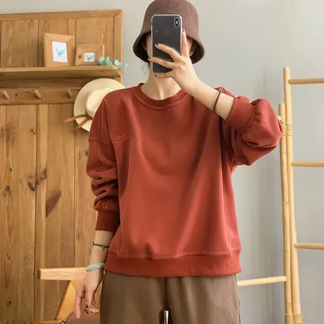 dza 复古纯色棉质圆领套头加绒卫衣外套女士秋冬内搭打底宽松上衣图片