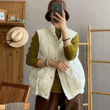 dza 复古短款白色羽绒马甲背心女秋冬外穿上衣宽松立领白鸭绒马夹商品大图