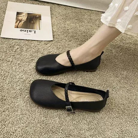 【真皮】豆豆鞋女2023年春秋新款时尚百搭奶奶鞋黑色平底软底单鞋商品大图