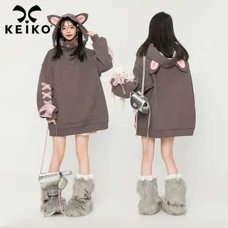 KEIKO [羊羔绒]日系卡通刺绣连帽卫衣裙2023秋冬慵懒加绒加厚外套图片