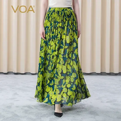 VOA真丝印花乔其纱双层轻薄飘逸透气自然腰百褶清新桑蚕丝半身裙图片