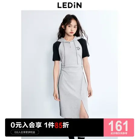 乐町休闲连帽短袖裙2023年夏季新款女装运动风收腰显瘦抽褶连衣裙商品大图