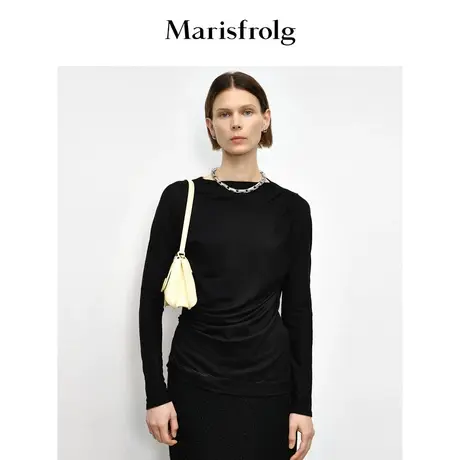 【精简美学】玛丝菲尔秋季黑色绵羊毛侧身抽褶内搭上衣图片