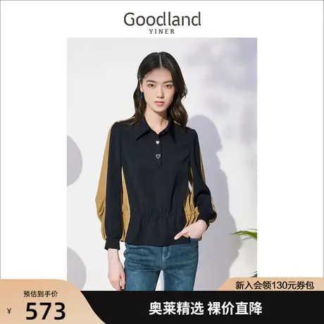 音儿美地女装2023秋季新款撞色拼接泡泡袖收褶衬衫POLO领减龄上衣商品大图