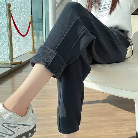 抽绳束脚加绒运动裤女秋冬季加厚宽松九分防风裤直筒休闲哈伦卫裤商品大图