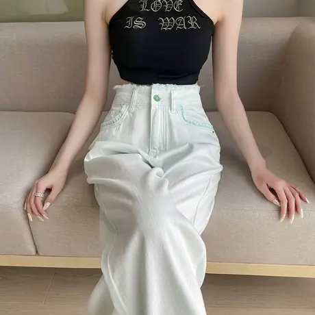 浅绿色高腰阔腿牛仔裤女春夏薄款2025新款宽松休闲垂感显瘦直筒裤商品大图
