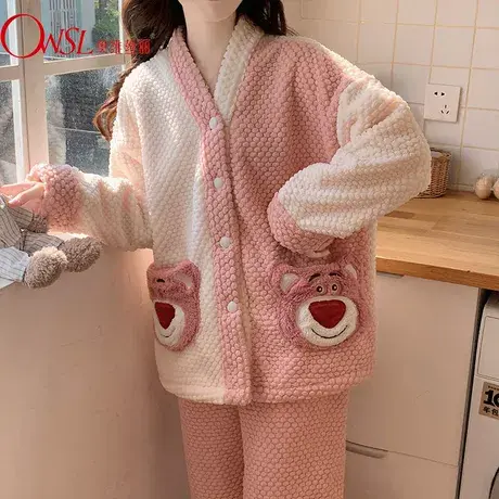 珊瑚绒睡衣女春秋冬季加厚保暖甜美可爱法兰绒家居服套装图片