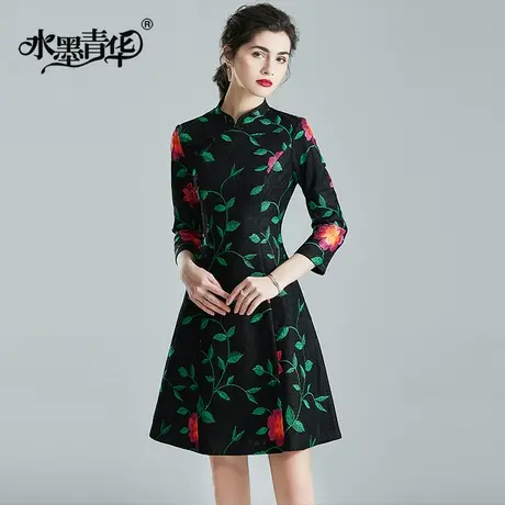 水墨青华冬季新品优雅立领修身显瘦A字裙时尚蕾丝绣花连衣裙商品大图