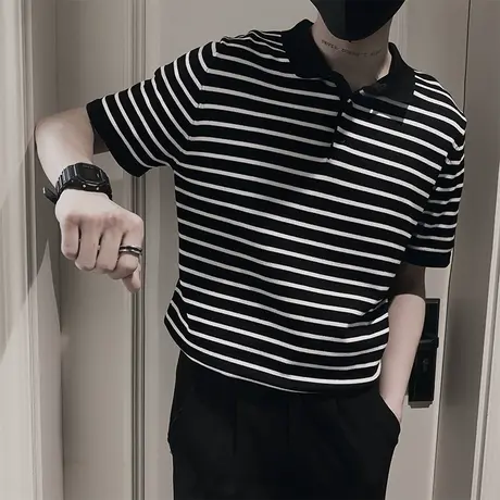 2023新款宽松条纹短袖T恤夏季ins潮牌上衣男痞帅半袖设计感POLO衫商品大图