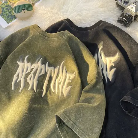 2024新款纯棉短袖t恤男潮流圆领复古发泡印花宽松半袖上衣体恤衫商品大图