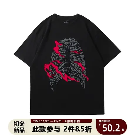 ins男夏季新款暗黑系骷髅祈祷印花原宿风学生宽松打底衫情侣装T恤商品大图