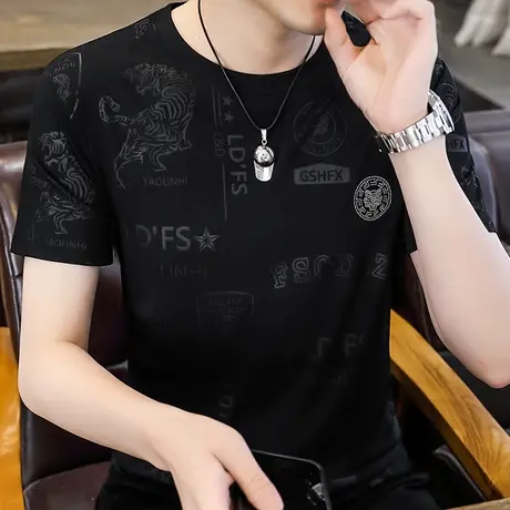 短袖t恤男士夏季潮流ins冰丝百搭五分袖港风体恤打底衫男装潮牌TX商品大图