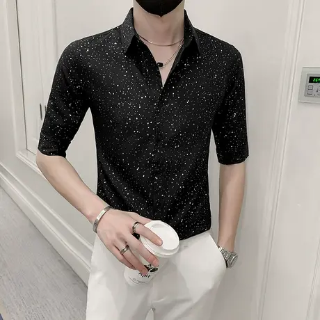 短袖男士2022新款痞帅黑色衬衫ins潮牌韩版免烫修身半袖个性衬衣商品大图