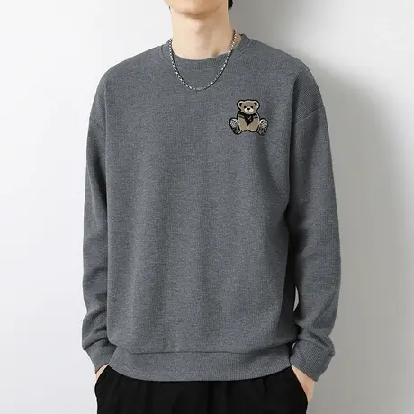 华夫格卫衣男秋冬季2024新款圆领无帽上衣服宽松潮流小熊长袖t恤商品大图