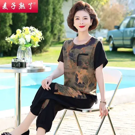 妈妈夏装套装短袖洋气两件套新款奶奶上衣加肥加大码中老年人女装商品大图