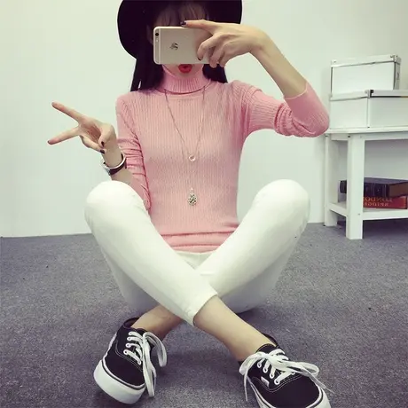 高领打底衫女长袖针织衫内搭短款修身毛衣套头韩百搭短款春秋保暖商品大图
