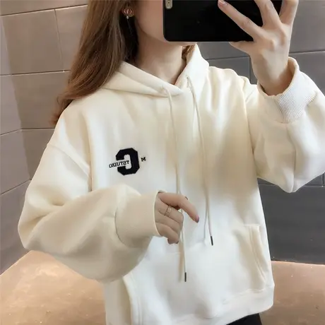 连帽卫衣秋冬新款加绒加厚小个子百搭宽松上衣纯色减龄洋气女装潮图片