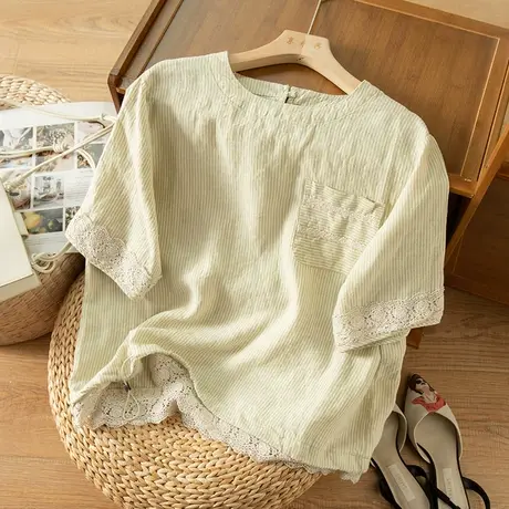 享永子短袖条纹亚麻T恤女文艺复古蕾丝花边宽松上衣2023夏季新款图片