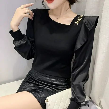 女装2024新款潮时尚荷叶边长袖T恤设计感洋气上衣修身百搭打底衫商品大图