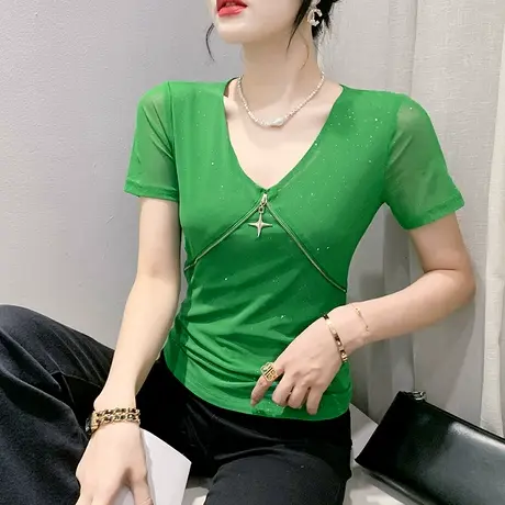 性感气质网纱T恤女短袖夏季时尚别致V领小衫设计感小众上衣修身潮图片
