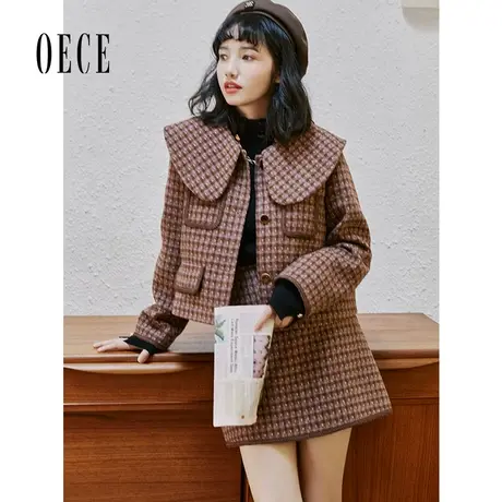 Oece气质半身裙秋冬季新款女装经典格纹A字裙优雅包臀短裙图片