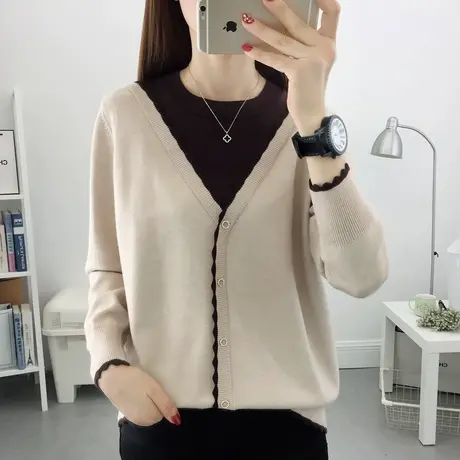 春季2024年新款假两件拼色圆领针织打底衫洋气百搭荷叶边套头毛衣商品大图