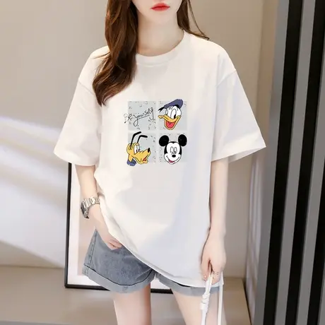 短袖t恤女2023年夏季新款印花半袖体恤潮中长款宽松大码纯棉上衣商品大图