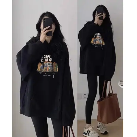 美式连帽卫衣女款2024新款爆款小个子外套韩系慵懒风秋冬加绒上衣商品大图