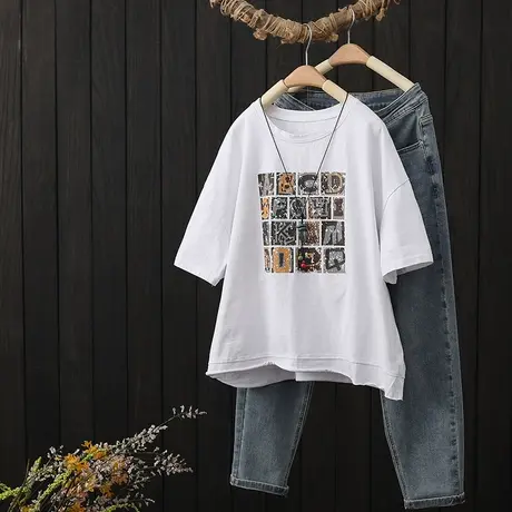 夏季2023年新款文艺印花纯棉短袖T恤女宽松圆领短款t恤衫打底上衣商品大图