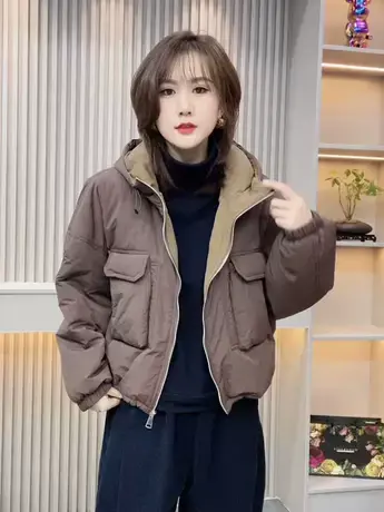 2023秋冬新款连帽撞色拉链时尚棉服休闲宽松短款百搭韩版保暖棉衣图片