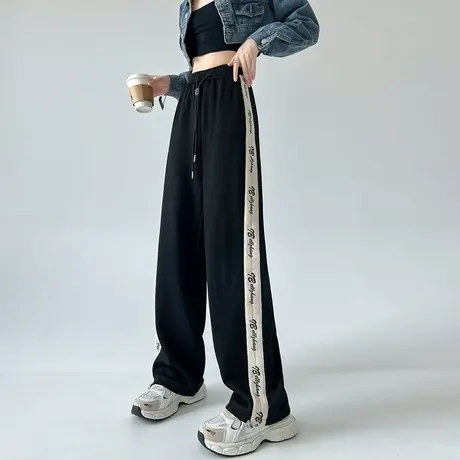 黑色拼接束脚阔腿运动裤女春秋新款抽绳灯笼裤宽松休闲直筒卫裤子图片