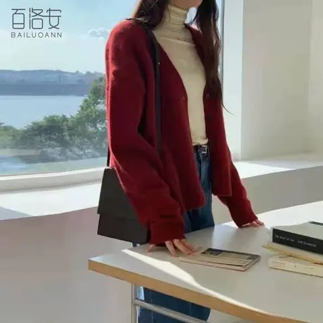 百洛安V领长袖毛衣外套外搭女新款韩版纯色简约百搭针织衫开衫图片