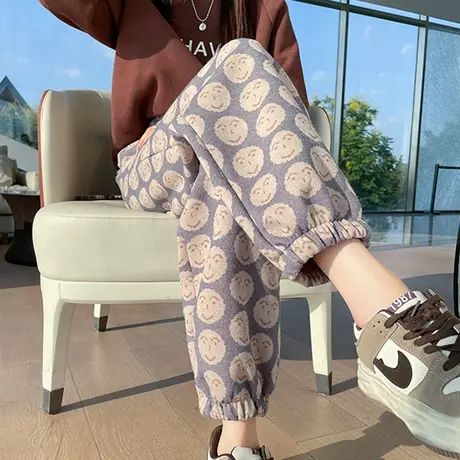 毛呢花苞笑脸哈伦裤女秋冬新款呢子加厚显瘦仿羊绒休闲直筒奶奶裤图片