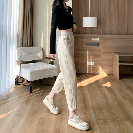 老爹牛仔裤女2024年春季新款高腰直筒宽松显瘦百搭九分哈伦萝卜裤图片