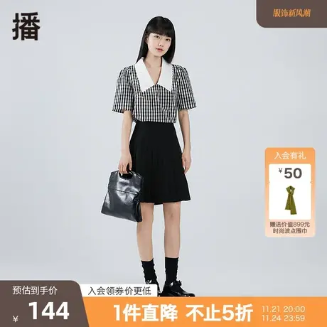 播秋季新品翻领前短后长复古刺绣翻领格纹衬衫系列女BDO8HD9364图片