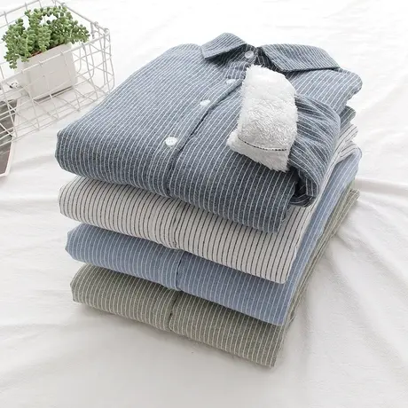 加绒加厚条纹衬衫女秋冬季简约韩版长袖休闲宽松百搭打底保暖衬衣图片