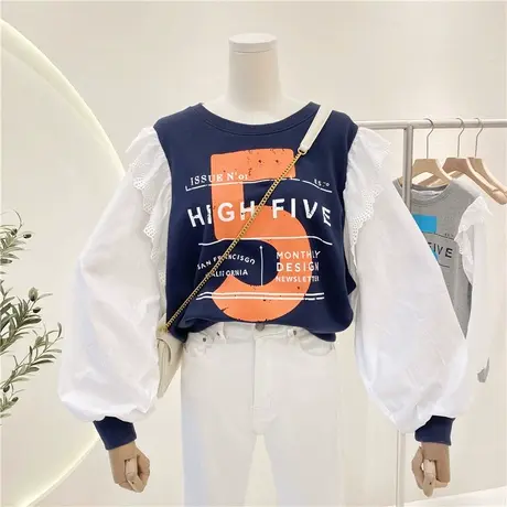 卫衣女春秋薄款2021新款辛苦百搭拼接白色花边减龄休闲设计感上衣图片