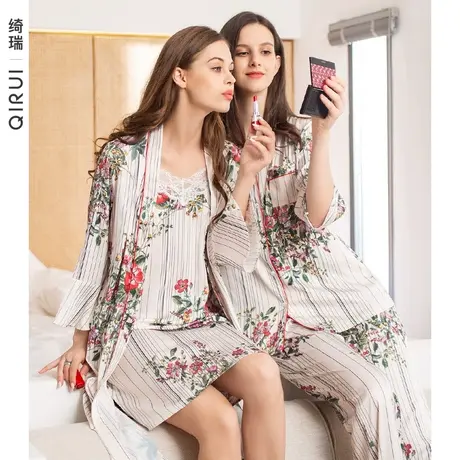 绮瑞冰丝睡衣女夏季长袖薄款条纹修身妈妈丝绸缎面大码家居服套装商品大图