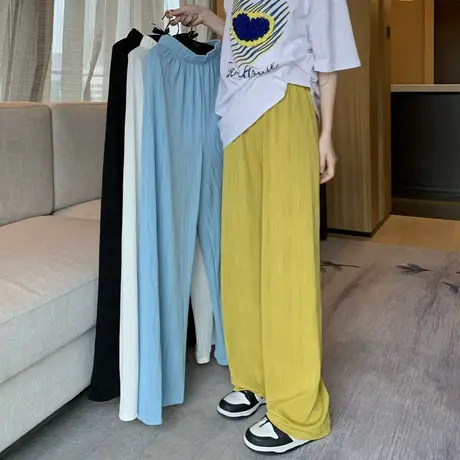 冰丝阔腿裤女夏季薄款高腰垂感凉凉裤宽松直筒休闲水波纹褶皱裤子图片
