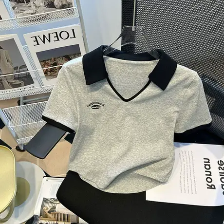 polo领白色刺绣短袖t恤女2024新款夏季v领设计感小众短款辣妹上衣商品大图