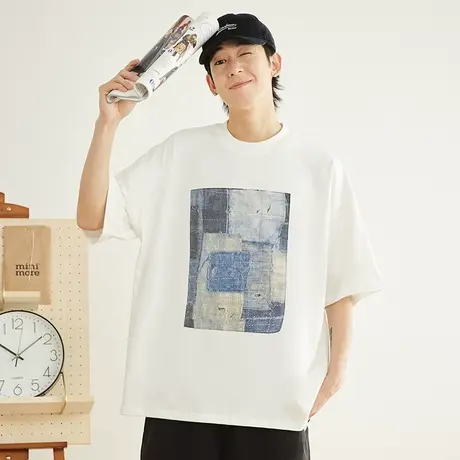 日系潮牌复古百家布纯棉宽松短袖300g重磅全棉白色T恤男oversize商品大图